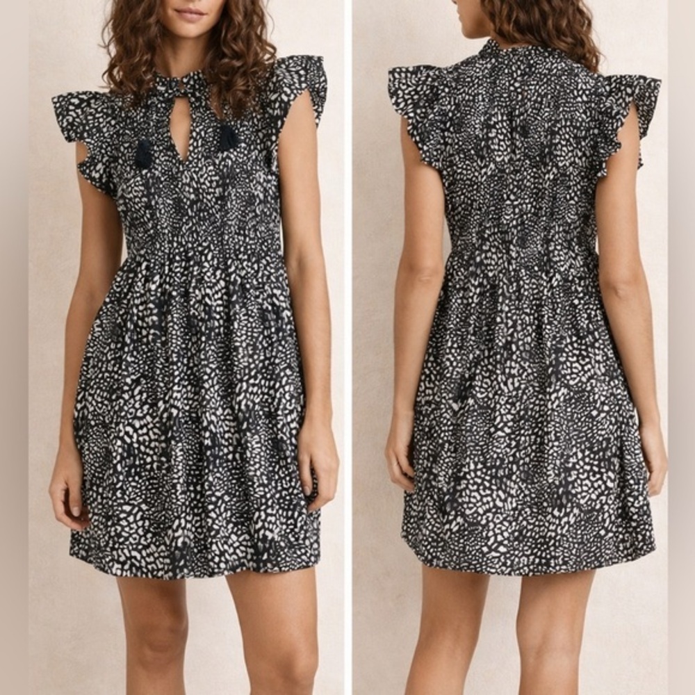 Sea New York Calla Cotton Smocked Black Gray Animal Print Mini Dress